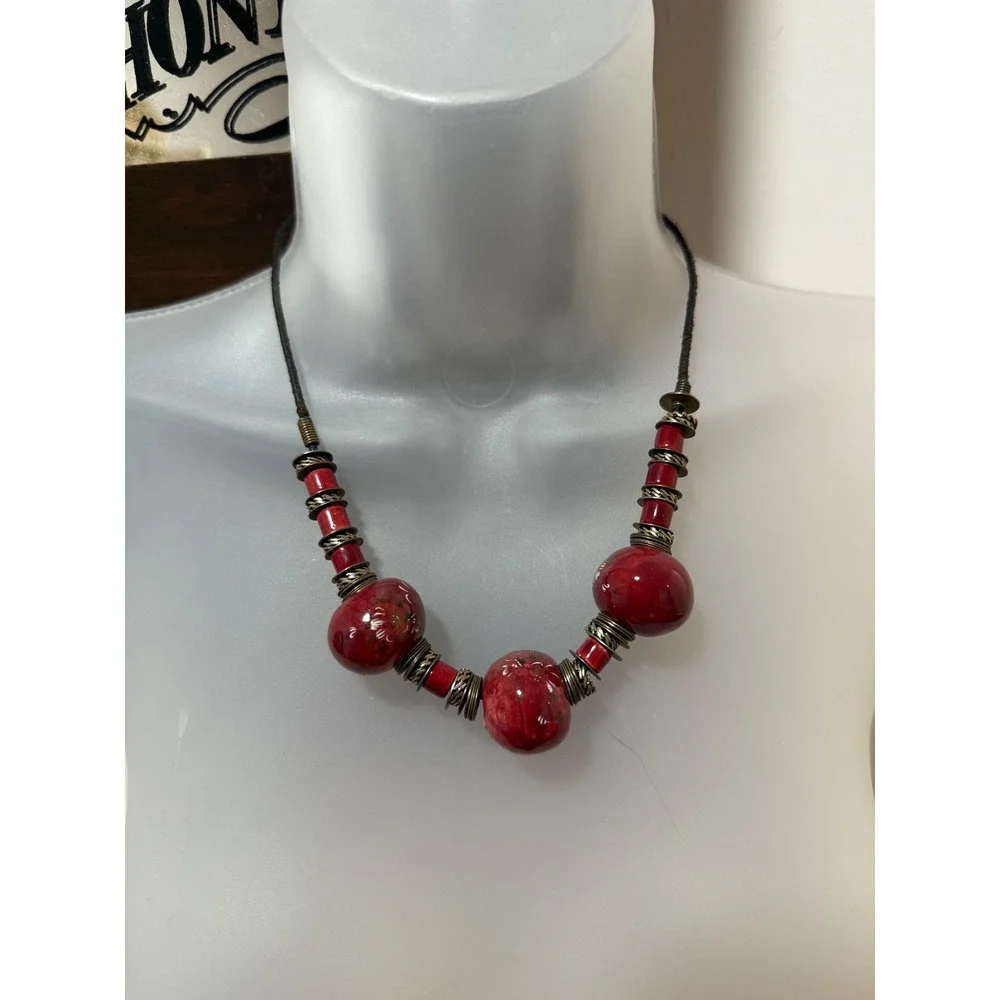 Statement Necklace Womens Vintage Red Excellent Vintage Artisan Brass Bead